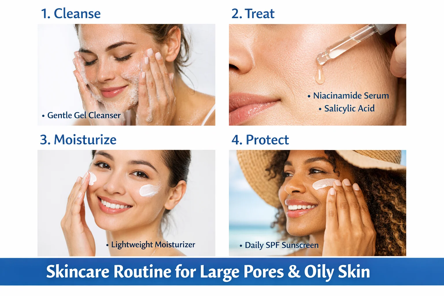 Step-by-step skincare routine for large pores and oily skin, including cleanser, serum, moisturizer, and sunscreen application.